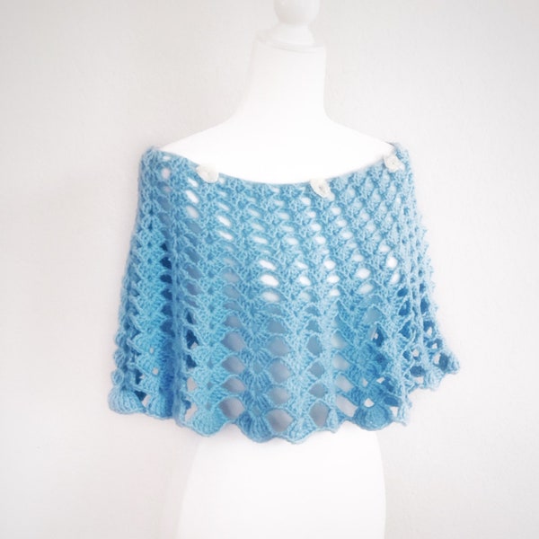 SALE Boho Wedding Crochet Blue Poncho Unique Handmade  Shawl white flowers  shawl capelet