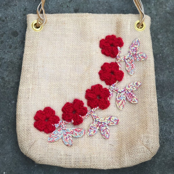 Burlap Tablet Bag Boho Unique Handmade lined natural fashion accessories with crochet red flowers applique for tablet, iPad