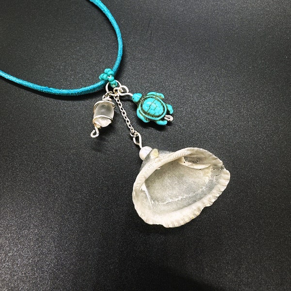 Seashell Necklace, Recycled Florida Seashells, Ocean Pendant, Sea Glass Turtle, Wire Wrapped Turtle, Summer Ocean Gift, Florida Souvenir