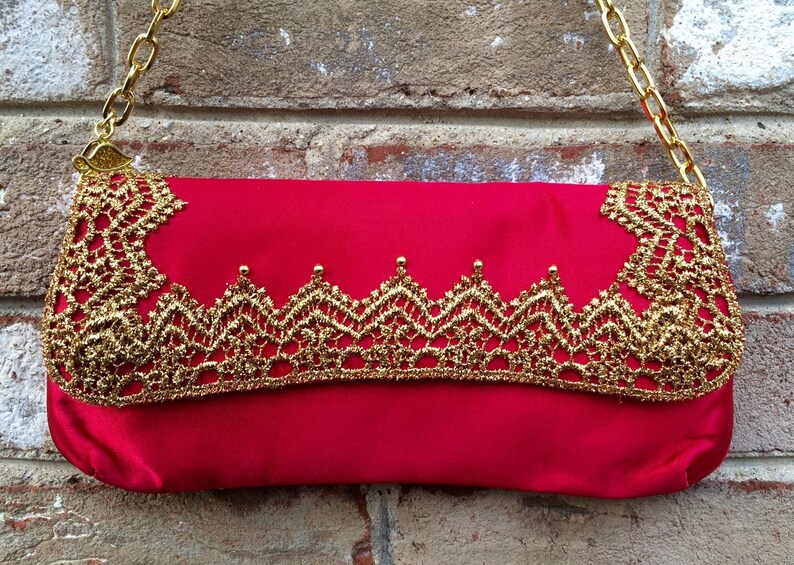 Red Purse Gold Trim Upcycled Ethnic Retro Satin Clutch in Art-Deco Style Golden Trim Christmas Gifts Holiday Gifts image 2