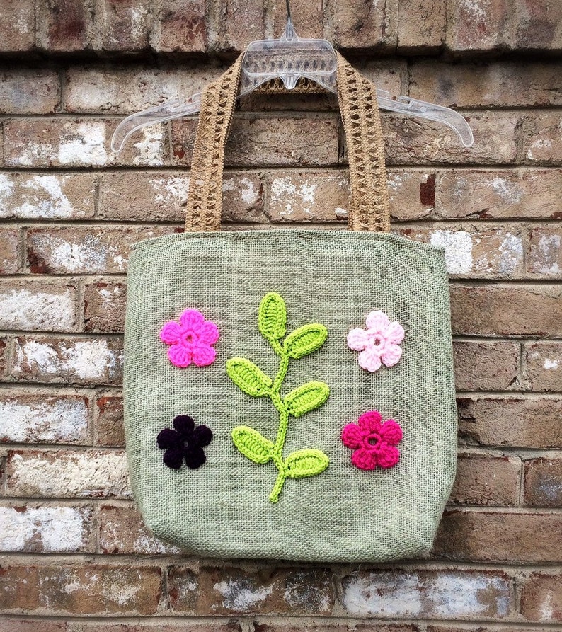 Burlap Bag Handmade Tote Crochet Flowers Applique Unique Green - Etsy