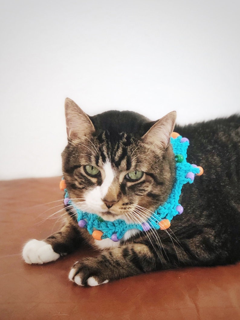 Crochet Elastic Cat Collar Beaded Cat Scarf Blue Multicolored Beads ...