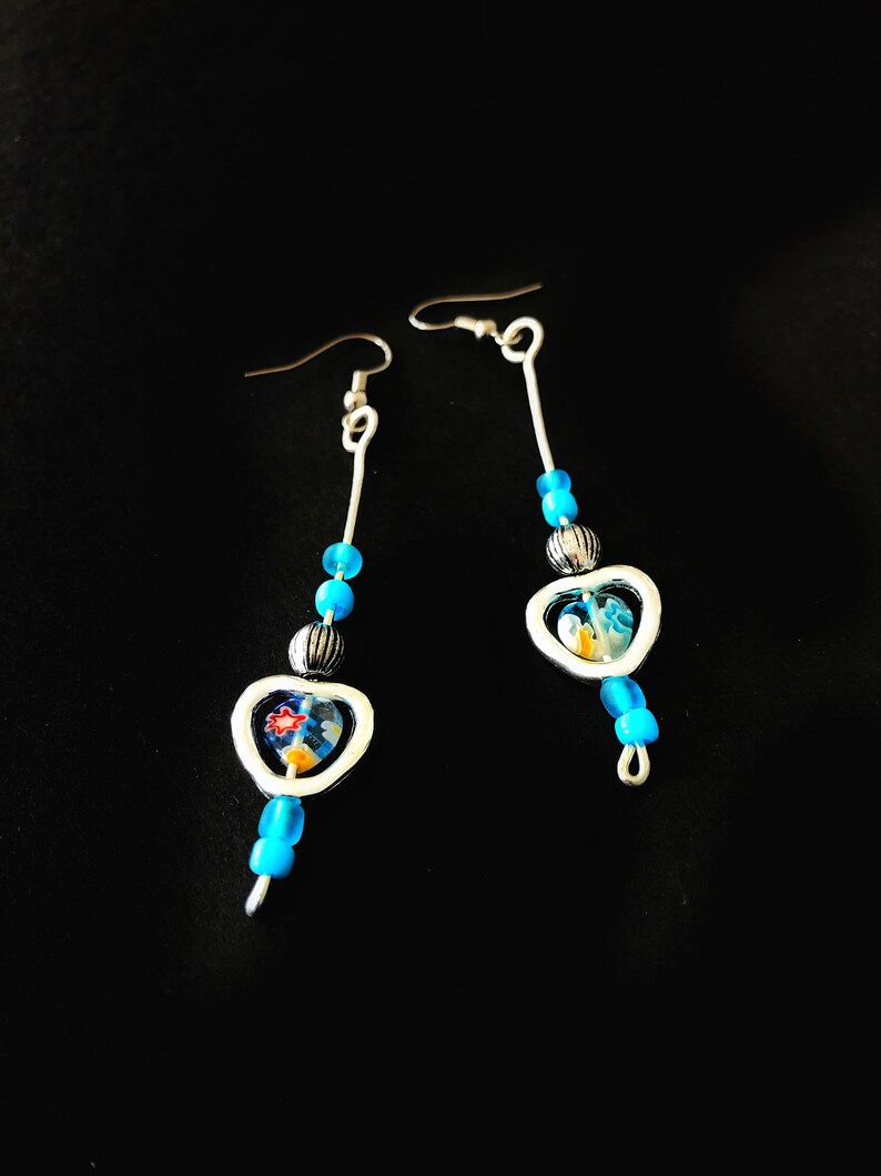 Heart Earrings Dangle Beaded Wire Jewelry Unique Handmade Earrings