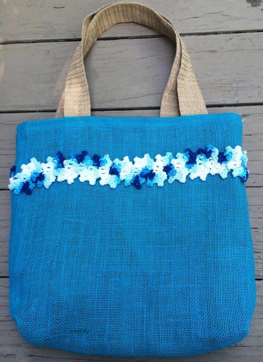 Unique Tote Handmade Bag Blue teal Burlap Summer Bag With - Etsy