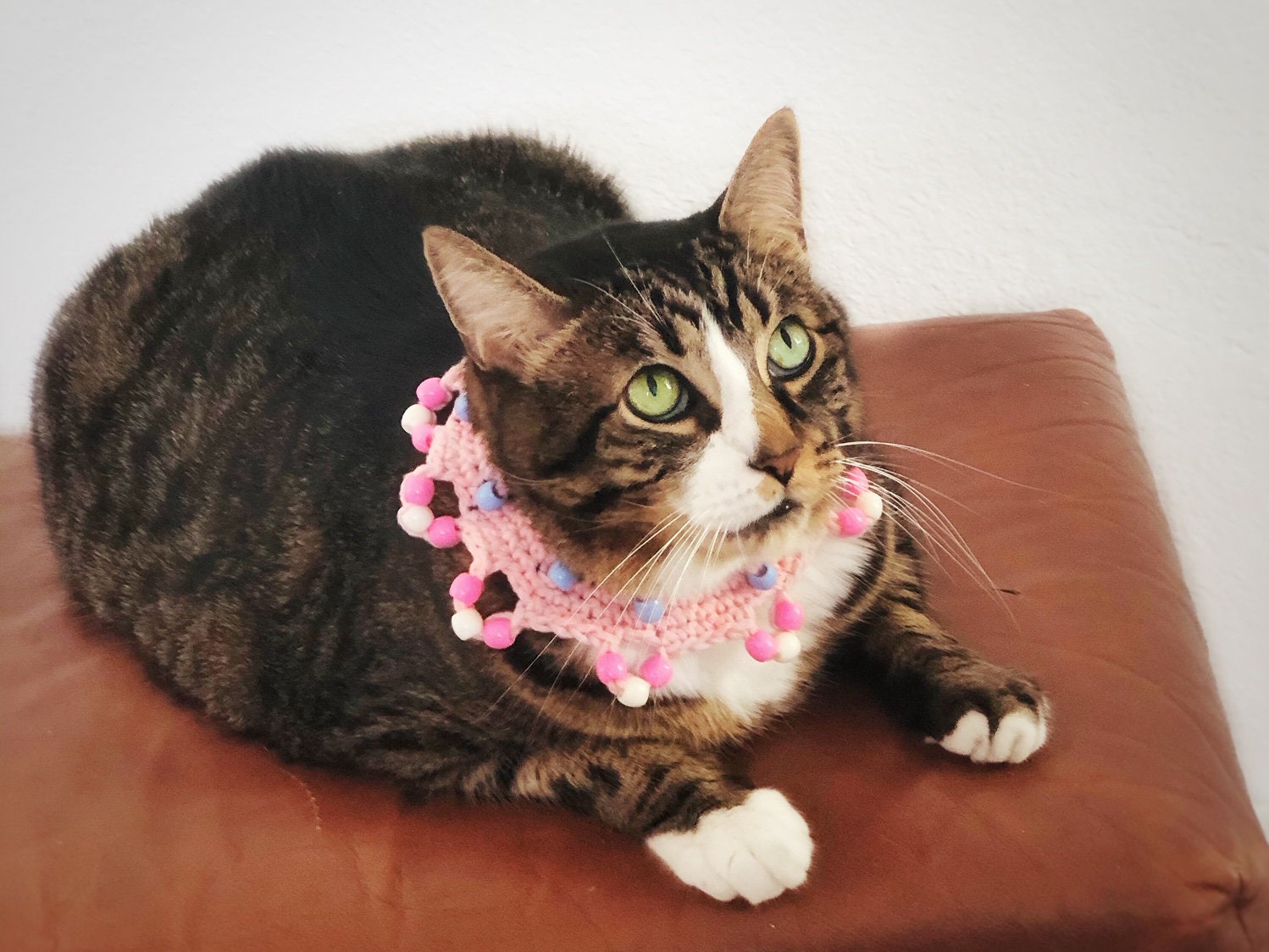 Elastic Cat Collar Beaded Cat Necklace Pink With Blue Beads Elastic