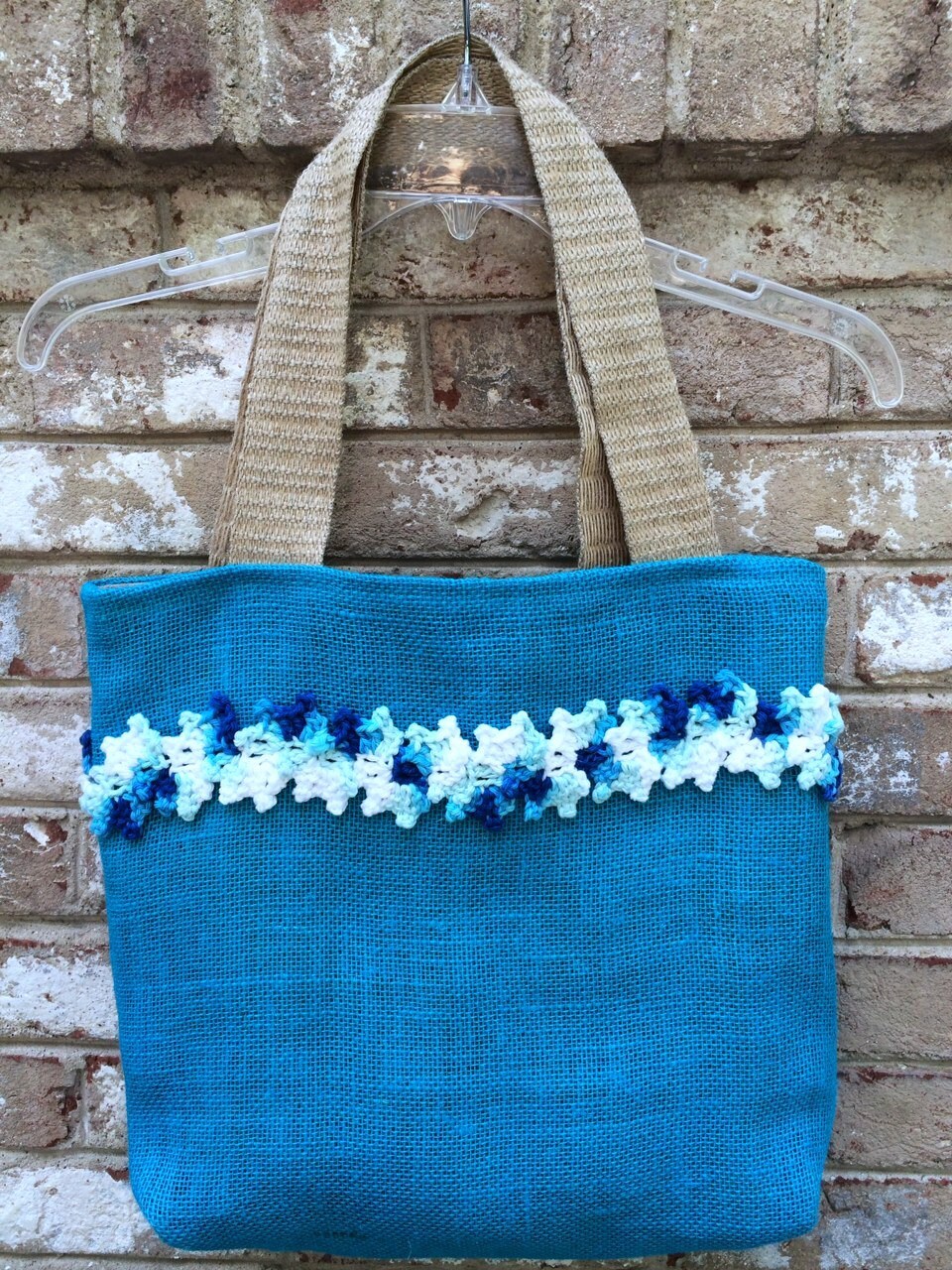 Unique Tote Handmade Bag Blue teal Burlap Summer Bag With Crochet ...