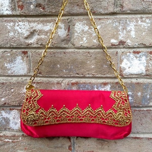 Red Purse Gold Trim Upcycled Ethnic Retro Satin Clutch in Art-Deco Style Golden Trim Christmas Gifts Holiday Gifts image 4