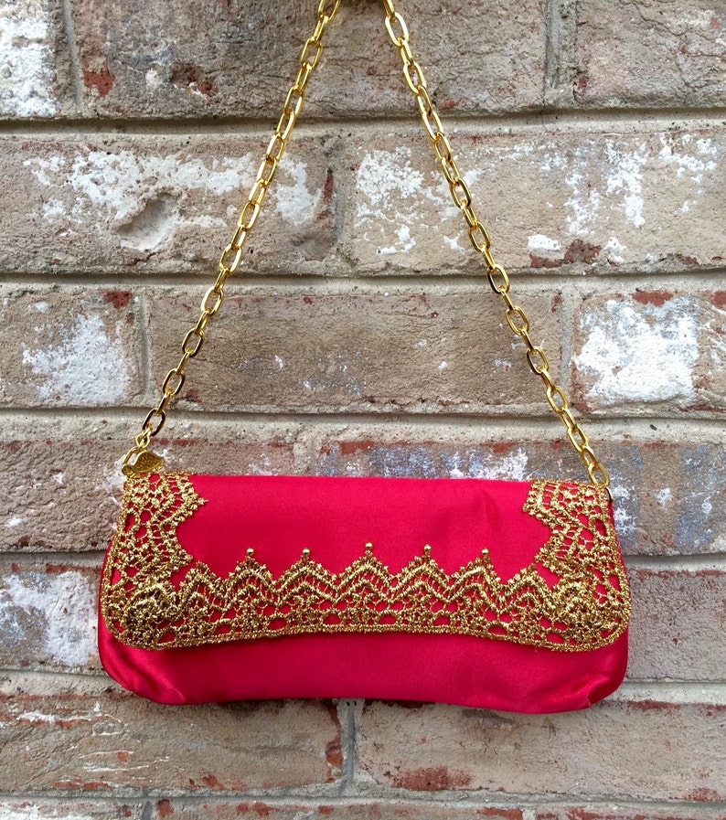 Red Purse Gold Trim Upcycled Ethnic Retro Satin Clutch in Art-Deco Style Golden Trim Christmas Gifts Holiday Gifts image 4
