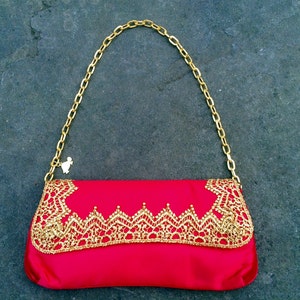 Red Purse Gold Trim Upcycled Ethnic Retro Satin Clutch in Art-Deco Style Golden Trim Christmas Gifts Holiday Gifts image 1