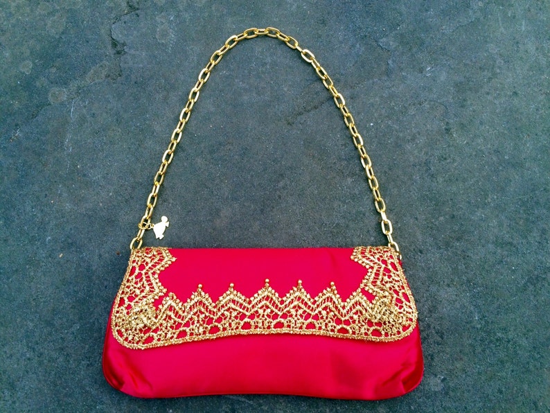 Red Purse Gold Trim Upcycled Ethnic Retro Satin Clutch in Art-Deco Style Golden Trim Christmas Gifts Holiday Gifts image 1