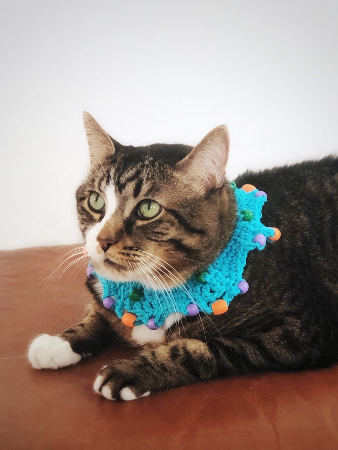 Crochet Elastic Cat Collar Beaded Cat Scarf Blue Multicolored Beads