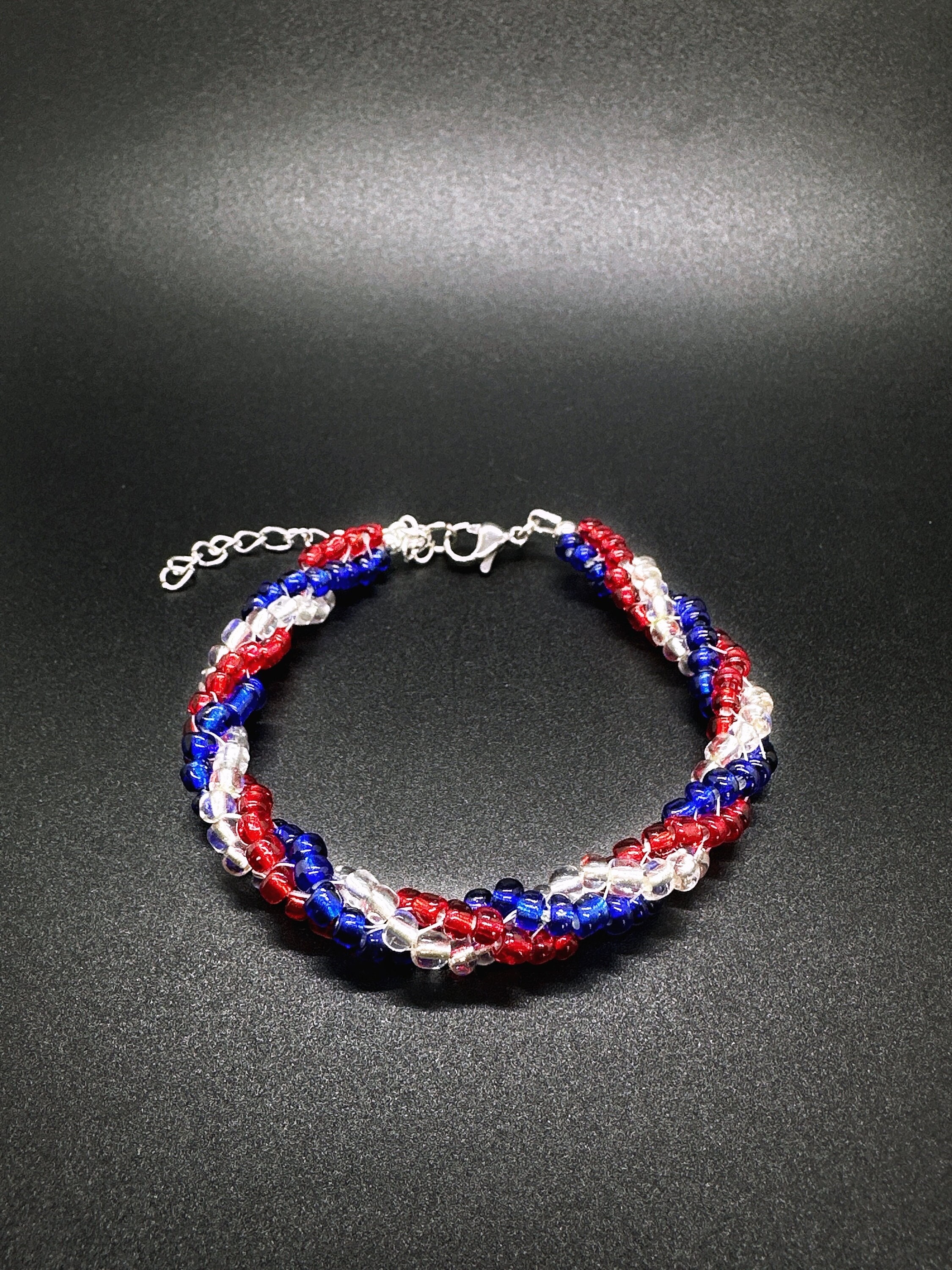 Red, White and Blue Jewelry, USA flag bracelet, 4th of July Gift, Patriotic Jewelry, Seed bead Spiral Bracelet, Unique Handmade Gift