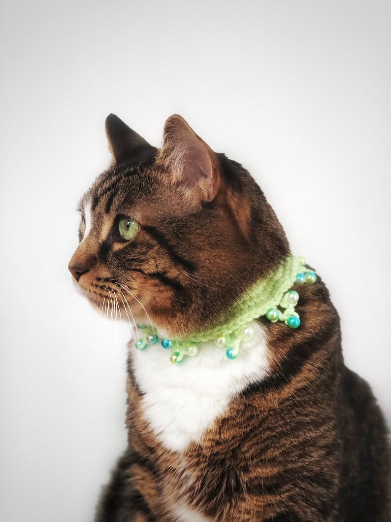Crochet Elastic Cat Collar Green Beaded Cat Necklace Elastic Etsy