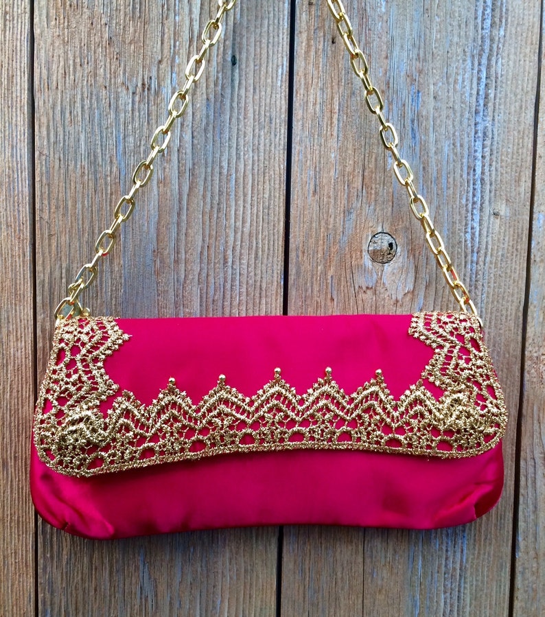 Red Purse Gold Trim Upcycled Ethnic Retro Satin Clutch in Art-Deco Style Golden Trim Christmas Gifts Holiday Gifts image 5