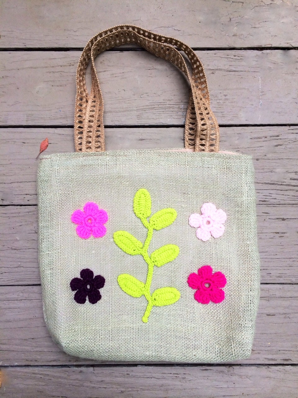 Burlap Bag Handmade Tote Crochet Flowers Applique Unique Green - Etsy