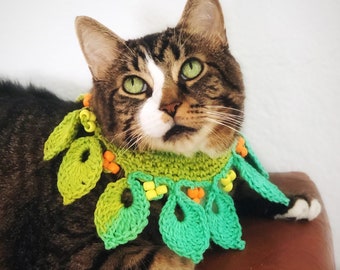 Green Cat Collar Beaded Cat Necklace Leaves Elastic Crochet Necklace Wide Collar Unique Handmade Pet Accessories