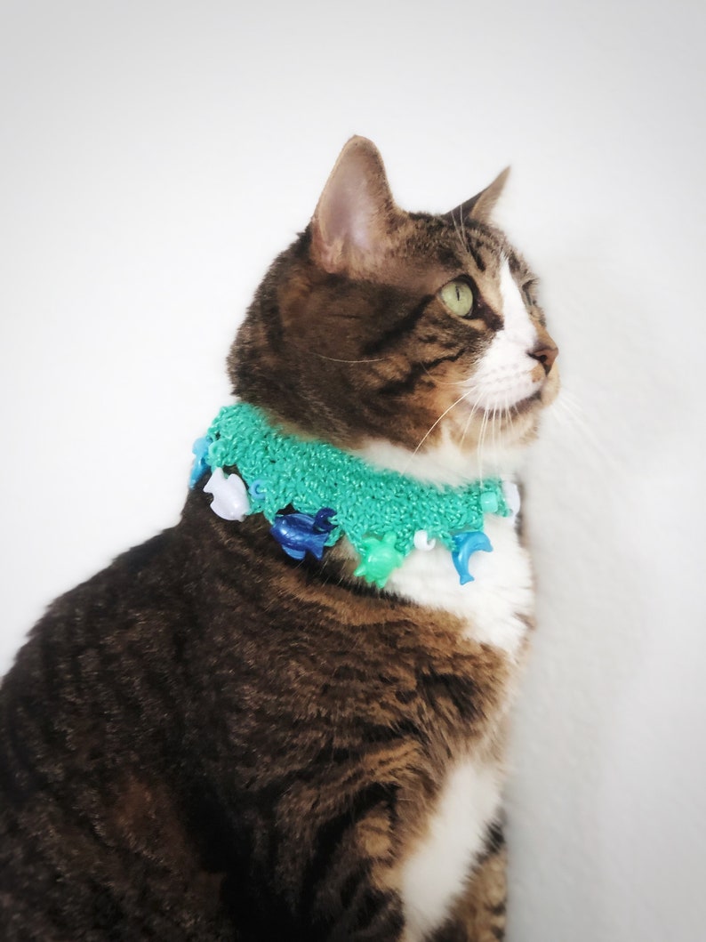 Crochet Elastic Cat Collar Beaded Cat Necklace Blue Sea Etsy