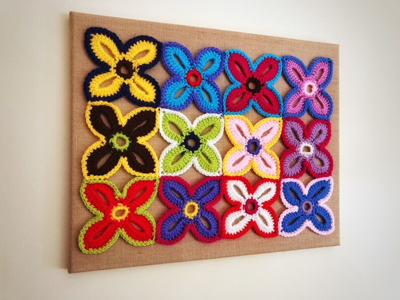 Wall Art Abstract Crochet Flowers Unique Handmade Painting Etsy