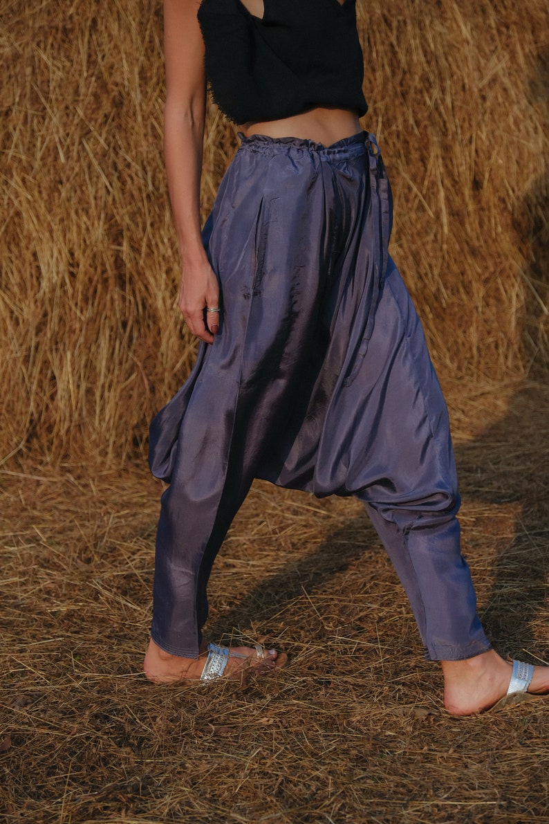 Dhoti Silk Hareem Pant Folk Grey Summer Trousers Pocket Drop Crotch Travel Pants Loungewear Sleepwear Soft Natural Fibers Eco Friendly Boho