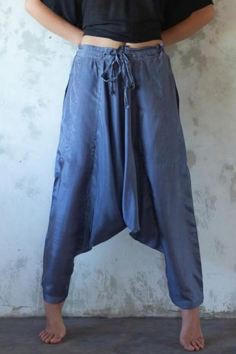 Dhoti Silk Hareem Pant Folk Grey Summer Trousers Pocket Drop Crotch Travel Pants Loungewear Sleepwear Soft Natural Fibers Eco Friendly Boho