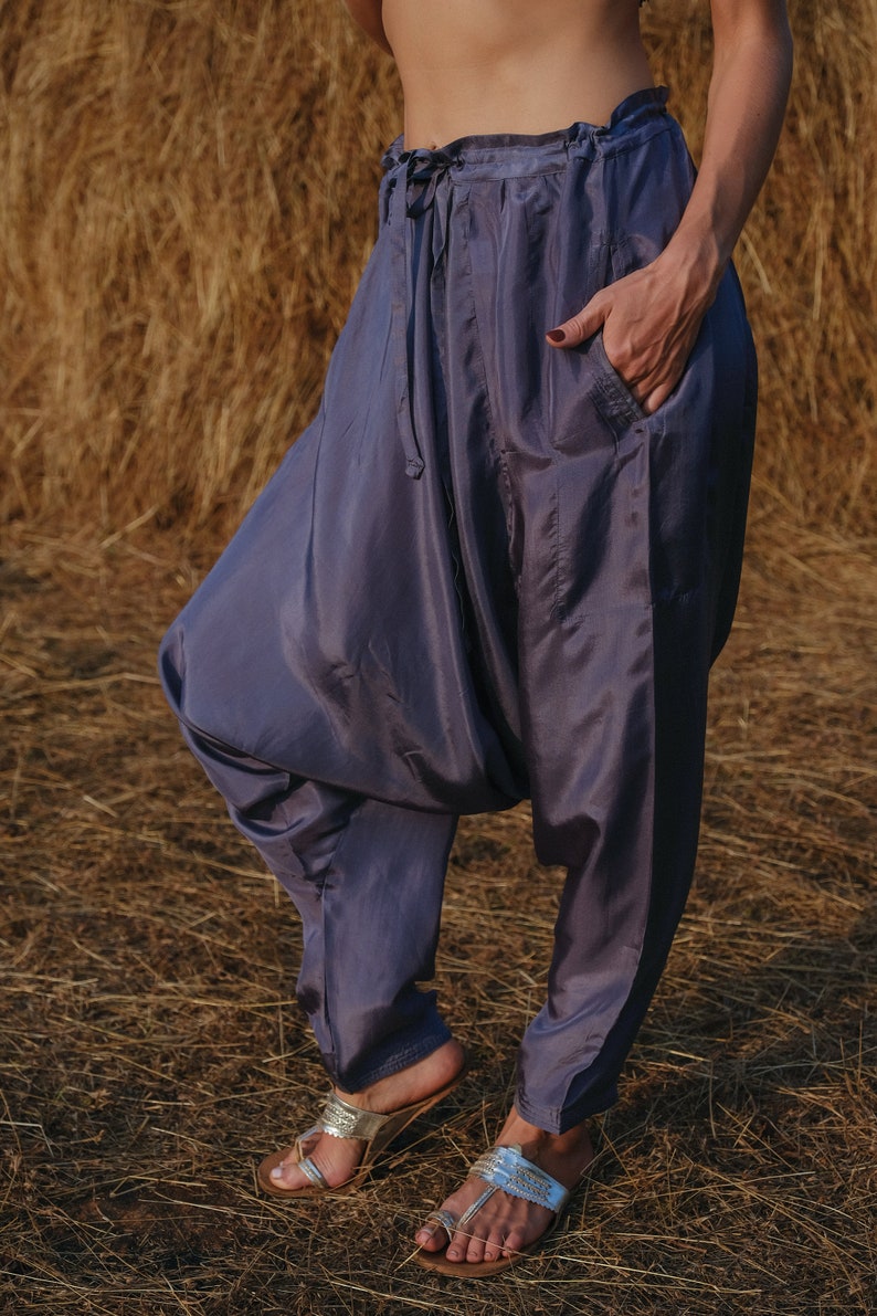 Dhoti Silk Hareem Pant Folk Grey Summer Trousers Pocket Drop Crotch Travel Pants Loungewear Sleepwear Soft Natural Fibers Eco Friendly Boho