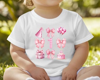 Pink 1st Birthday PNG, Coquette Birthday, Coquette Bow Birthday PNG First Birthday, Kids Birthday, Girl Birthday Tee Pink Bows Shirt