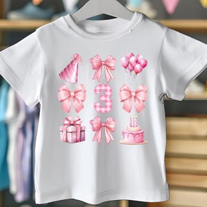 Rosa 3. Geburtstag PNG / Coquette Geburtstag / Coquette Bow Geburtstag PNG / Drittes Geburtstag / Kinder-Dritter Geburtstag, Mädchen-Geburtstags-T-Stück / Pink Bows Shirt