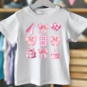 Anniversaire rose PNG, coquette anniversaire, coquette noeud anniversaire PNG neuvième anniversaire tenue fille, anniversaire enfant, tee-shirt anniversaire fille noeuds roses chemise