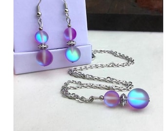 Purple Necklace and Earring Set - Mermaid Glass Beads - Matching Jewelry - Unique Necklace - Dangle Earrings - Iridescent -