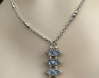 Silver and Blue Pendant Necklace - Rectangle Statement Necklace with Rhinestones