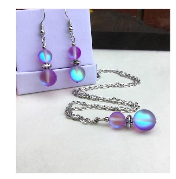 Purple Necklace and Earring Set - Mermaid Glass Beads - Matching Jewelry - Unique Necklace - Dangle Earrings - Iridescent -