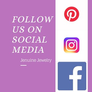 May include: A pink background with the text "FOLLOW US ON SOCIAL MEDIA" and the words "Jenuine Jewelry" below.  The image also shows the logos for Pinterest, Instagram, and Facebook.