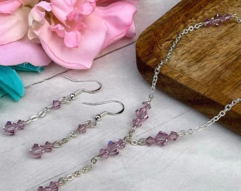 Lavender Beaded Y Necklace with Matching Earrings - Light Purple Lariat Necklace