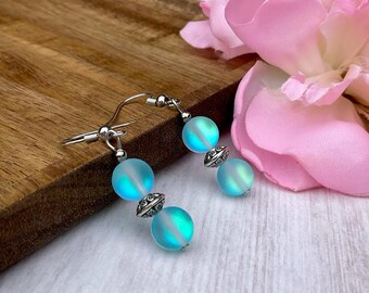 Aqua Blue Aura Quartz Mermaid Glass Earrings – Iridescent Opal Beads - Unique Birthday Gift for Girls