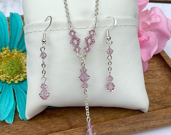 Lavender Beaded Y Necklace with Matching Earrings - Light Purple Lariat Necklace