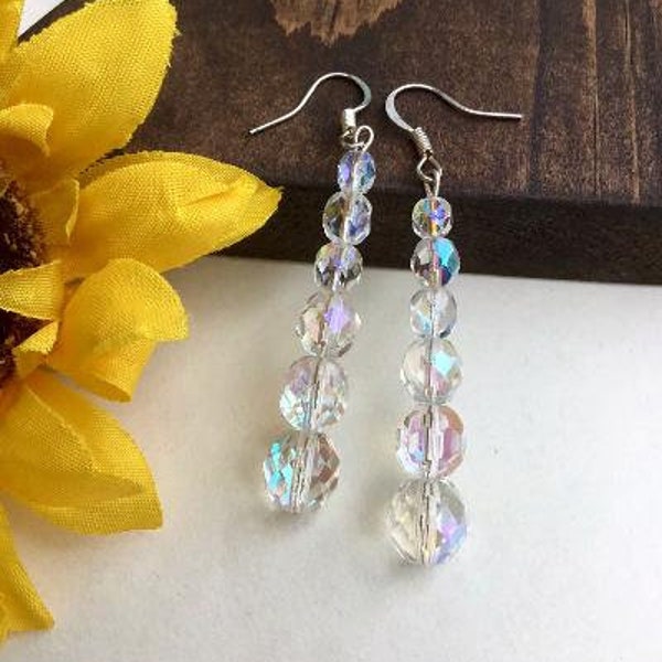 Clear Crystal Dangle Earrings - Aurora Borealis Earrings - Sparkle Earrings - Jewelry Gifts for Women - Unique Earrings - Iridescent Earring