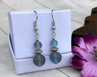 Mermaid Glass - Iridescent Glass Earrings - Mystic Aura - Frosted Earrings - Dangle Earrings - Birthday Gift for Her - Dainty Earring