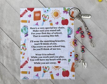 First Day of School Mother Daughter Matching Bracelet Keyring Set with Comfort Poem