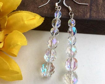 Clear Crystal Dangle Earrings - Aurora Borealis Earrings - Sparkle Earrings - Jewelry Gifts for Women - Unique Earrings - Iridescent Earring