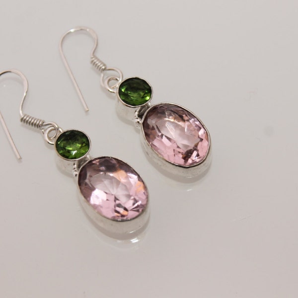 Romantic rose quartz+peridot light weight fashion jewelry sterling silver plated earring for womens party wear e74
