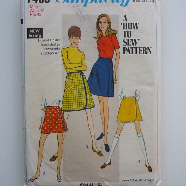 Vintage Sewing Patterns: Simplicity 7498. Front wrap Skirts in Two lengths and Shorts. Waist 31"