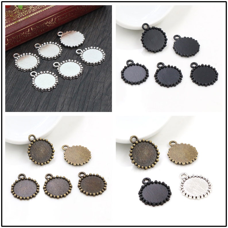 15pcs 12mm Inner Size Antique Silver and Bronze and Black Colors Simple Style Cabochon Base Cameo Setting Charms Pendant image 2