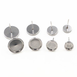 6/8/10/12mm  10pcs/lot Thicken Stainless Steel Earring Base Studs Ear Cameo Settings Cabochon Base Tray Blank (With Back)