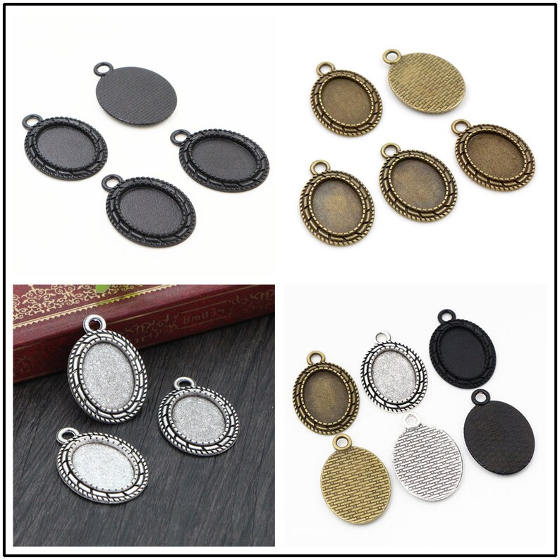 10pcs 13x18mm Inner Size Antique Silver and Bronze and Black Cameo Cabochon Base Setting Charms Pendant necklace findings image 2