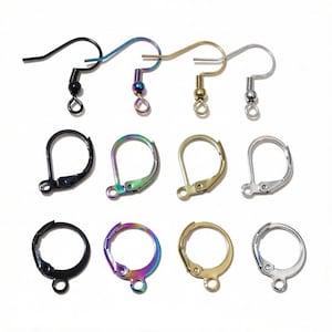 May include: A collection of jewelry findings including four fishhook earring wires and eight leverback earring components. The set features four distinct metallic finishes: matte black, iridescent rainbow, gold tone, and polished silver tone.