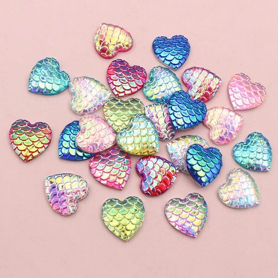 40pcs 12mm Heart Shape Mermaid Fish Scale Resin Cabochons Dome Flat Back  DIY Jewelry Making Accessories for Earrings Bracelets