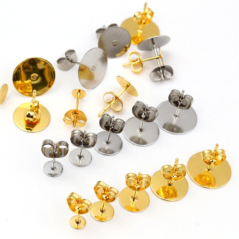 50-100pcs/lote oro acero inoxidable pendientes Studs blanco Post Base Pins con pendientes Plug Findings Ear Back para diy joyería haciendo imagen 5