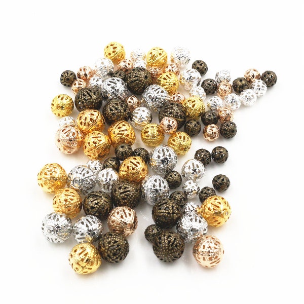 4/6/8/10mm 100pcs/lot Hollow Ball Flower Beads Metal Charms Bronze /Gold /Silver RhodiumPlated Filigree Spacer Beads For Jewelry Making