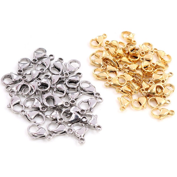 30pcs 12*7mm 10*5mm 13*8mm 11*7mm Stainless Steel Gold Lobster Clasp Hooks for Necklace&Bracelet Chain DIY Fashion Jewelry Findings