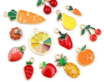 10 unids/lote de dijes de Metal esmaltados de frutas, colgante de manzana naranja zanahoria para DIY, collar, pulsera, accesorios para fabricación de joyas, suministros